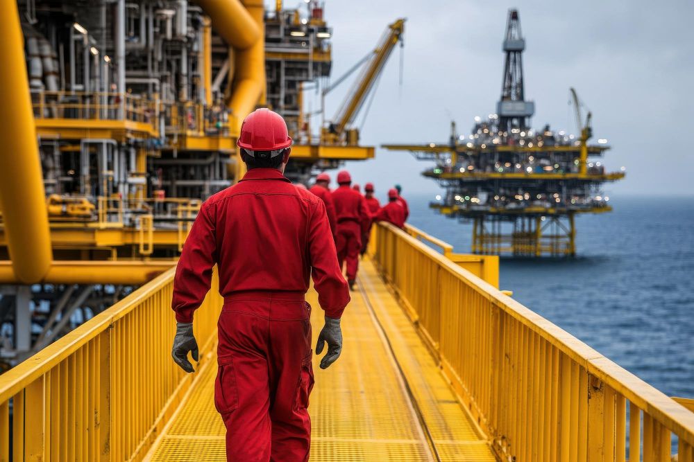 Offshore crew crossing a platform walkway